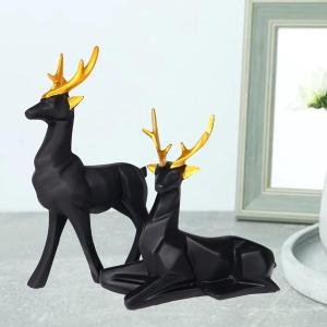 BARBAR KHARIDO Elegant Deer Showpiece Pair for Home & Office Handcrafted Matte Finish with Golden Antlers Modern Decorative Figurines for Living Room Décor (Black Gold)