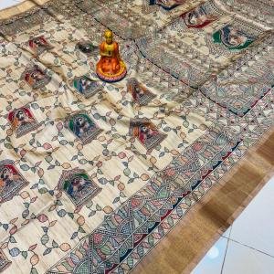 Hand painted Multicolor Madhu Bani Heritage Tusshar Silk Saree – Beige Canvas with Bronze Borders & Story Panels