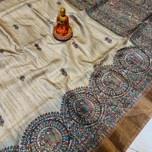 Handcrafted Tussar Silk Saree with Vibrant Madhubani Circular & Scattered Motifs – Beige & Bronze Elegance