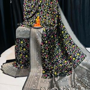 Handcrafted Black Khadi Paithani Silk Saree with Silver Zari & Vibrant Meena Floral Motifs