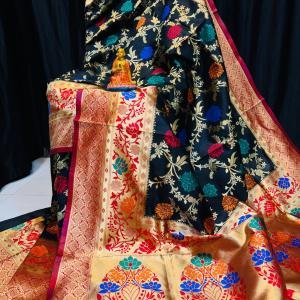 Handcrafted Black Khadi Paithani Silk Saree with Broad Gold Zari Border & Vibrant Floral Meena Work
