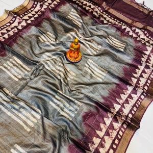 Handcrafted Grey & Aubergine Modal Silk Saree with Geometric Off-White Motifs and Gold Accents & Blouse Piece