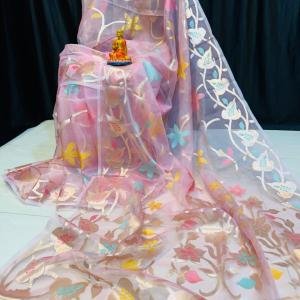 Blush Radiance – Handcrafted Pure Muslin Saree in Light Pink with Gold Border & Multicolour Floral Motifs