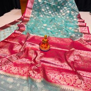 Elegant Handwoven Muslin Organza Saree – Aqua Blue & Rani Pink Contrast