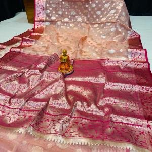 Luxury Handwoven Muslin Organza Saree – Coral Elegance with Rani Pink Accents