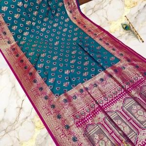 Handcrafted Teal Blue & Magenta Puri Gazzi Satin Saree with Zari Weaving & Blouse Piece