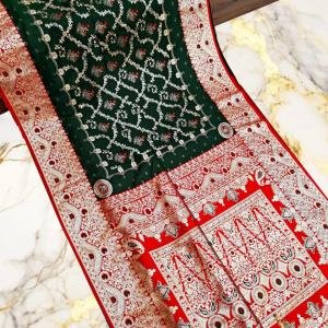Handcrafted Puri Gazzi Satin Saree in Forest Green & Crimson Red with Golden Zari Weaving and Blouse Piece
