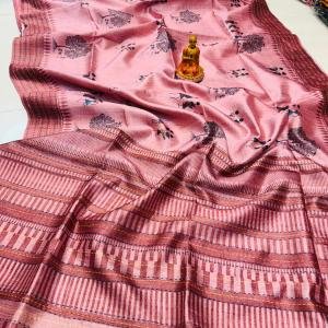 Handwoven Soft Pink Katha Silk Saree with Tusshar Katha Border & Blouse Piece