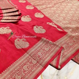 Rani Pink Crepe Banarasi Handloom Saree with Rich Zari Border