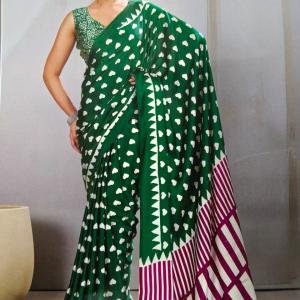 Pure Handcrafted Ajrakh Modal Silk Saree in Emerald Green with Magenta Pallu