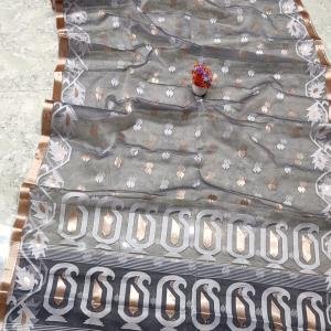 Elegant Grey Handcrafted Muslin Silk Jamdani Saree with Intricate Zari Butti Design
