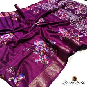 Deep Purple Handcrafted Bapta Silk Saree with Digital Floral Design & Matching Blouse Piece – Free Size Elegance