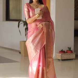 Pink Elegance – Handcrafted Banarasi Kota Tissue Saree with Gold Zari & Blouse Piece