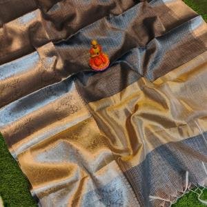 Elegant Handcrafted Banarasi Kota Tissue Saree in Grey, Black & Gold with Blouse Piece