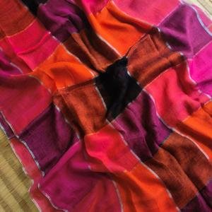 Bold Multicolour Pure Linen Handcrafted Check Saree with Blouse