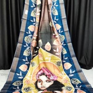 Handcrafted Blue Bapta Tissue Saree with Abstract Pattern & Blouse Piece – Soft, Lightweight & Elegant