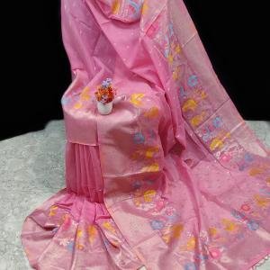Graceful Handwoven Pink Pai Thani Silk Linen Saree with All-Over Butti & Blouse Piece