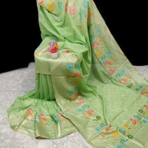 Elegant Handwoven Green Paithani Silk Linen Saree with Intricate Butti Work & Blouse Piece