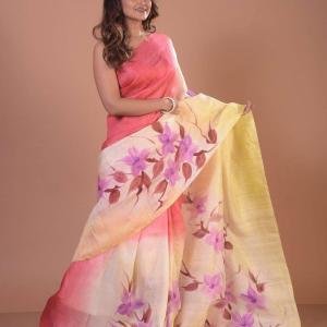 Sunset Bloom Semi Murshidabad Bapta Silk Saree – Pink, Yellow & Cream with Purple Handblock Florals + Blouse