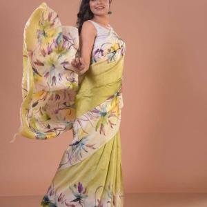 Lime Whisper Semi Murshidabad Bapta Silk Saree – Handblock Floral Print in Yellow, Purple & Blue with Blouse