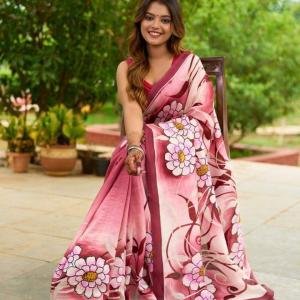 Blush Harmony Pink Semi Murshidabad Bapta Silk Saree – Handblock Floral Design with Maroon Borders & Blouse