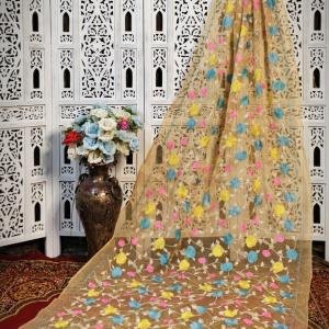 Beige Resham Kota Silk Saree with Hand Embroidered Multicolour Floral Motifs – No Blouse Piece