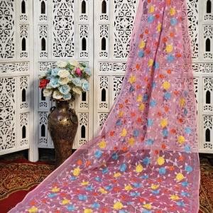 Blush Pink Resham Kota Hand-Embroidered Silk Saree – Vibrant Multicolour Threadwork (No Blouse Piece)