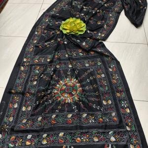 Ebony Elegance: Black Assam Silk Saree with Intricate Rainbow Kantha Embroidery
