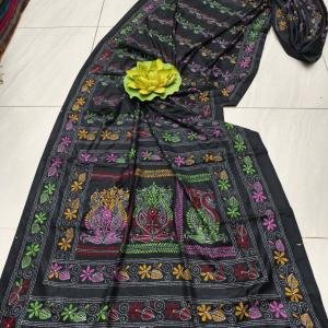 Black Assam Silk Saree with Vibrant Multicolour Kantha Embroidery