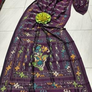 Elegant Deep Purple Assam Silk Saree with Intricate Handcrafted Kantha Stitch