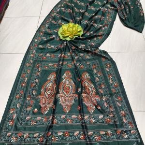 Bottle Green Assam Silk Saree with All-Over Handcrafted Kantha Stitch