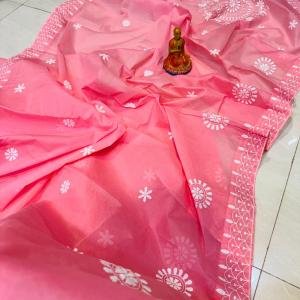 Elegant Baby Pink Handcrafted Lucknowi Katha Saree in Polished Pure Cotton – No Blouse Piece