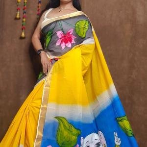 Hand-Painted Kerala Cotton Saree in Yellow & Blue with Lord Ganesh Motif – Free Size with Blouse Piece