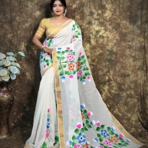 Floral Radiance: White Kerala Cotton Saree with Hand-Painted Art & Golden Border