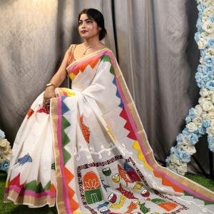 Kerala Cotton Hand-Painted White Saree with Multicolor Artistic Border & Fish Motifs – Free Size with Blouse Piece