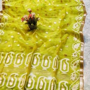 Exquisite Handcrafted Muslin Silk Jamdani Saree in Mustard Green with Jari Butti & Border Details