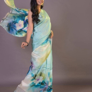 Aqua Serenity Semi Murshidabad Bapta Silk Saree – Handblock Floral Elegance with Blouse