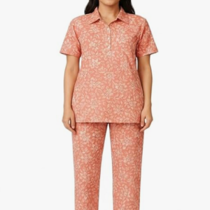 STYLEGENIXSTYLEGENIX Women's Cotton Nightwear Set, Coral Floral Print, Short Sleeve Polo Collar Top with Pajama, Comfortable Loungewear