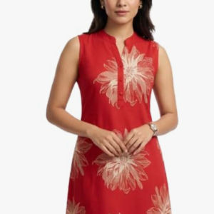 STYLEGENIXSTYLEGENIX Red Sleeveless Dress with Golden Floral Print, Mandarin Collar, A-Line Style