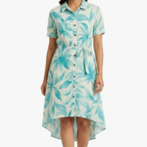 STYLEGENIXSTYLEGENIX Women's Shirt Dress, Turquoise Floral Print, Short Sleeve, Button Front, High-Low Hem, Belted Waist