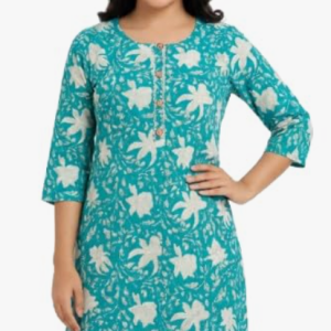 STYLEGENIXSTYLEGENIX Women's Cotton Kurti, Turquoise Blue Floral Print, Three Quarter Sleeves, Knee Length Dress