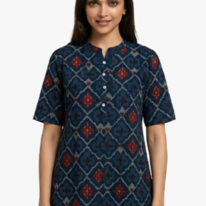 STYLEGENIXSTYLEGENIX Women's Short Sleeve Tunic Top, Navy Blue, Geometric Print, Button Front Collar
