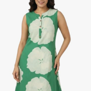 STYLEGENIXSTYLEGENIX Women's Sleeveless A-Line Dress, Green with Floral Print, Knee Length, Cotton Blend
