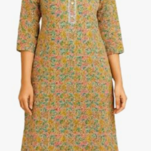 STYLEGENIXSTYLEGENIX Women's Cotton Kurta, Floral Print, 3/4 Sleeve, Mustard Yellow with Multicolor Pattern, Knee Length