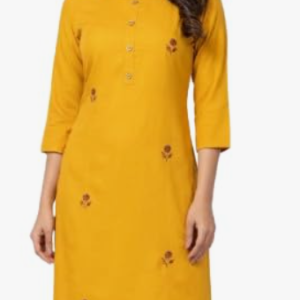 STYLEGENIXSTYLEGENIX Women's Cotton Kurti, Yellow, 3/4 Sleeve, Embroidered Floral Design, Straight Fit, Knee Length