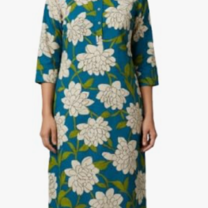 STYLEGENIXSTYLEGENIX Women's Floral Print Kurta, Teal Blue with White Flowers, 3/4 Sleeves, Knee Length