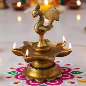 Brass Peacock Diya Jyoti Deepak Oil Lamp 7 Wicks  - Large Brass Oil Lamp for Aarti & Temple