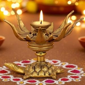 Brass Ganesh Curved Metal Flower Candle Holder On Tortoise