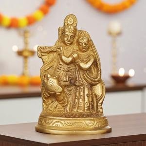 Brass Radha Krishna With Cow – Divine God Idol Showpiece