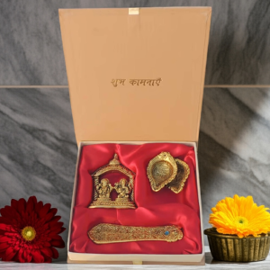 Aluminium Diwali Pooja Set With Agarbatti Stand, Deepak & Laxmi Ganesh Pair Statue
